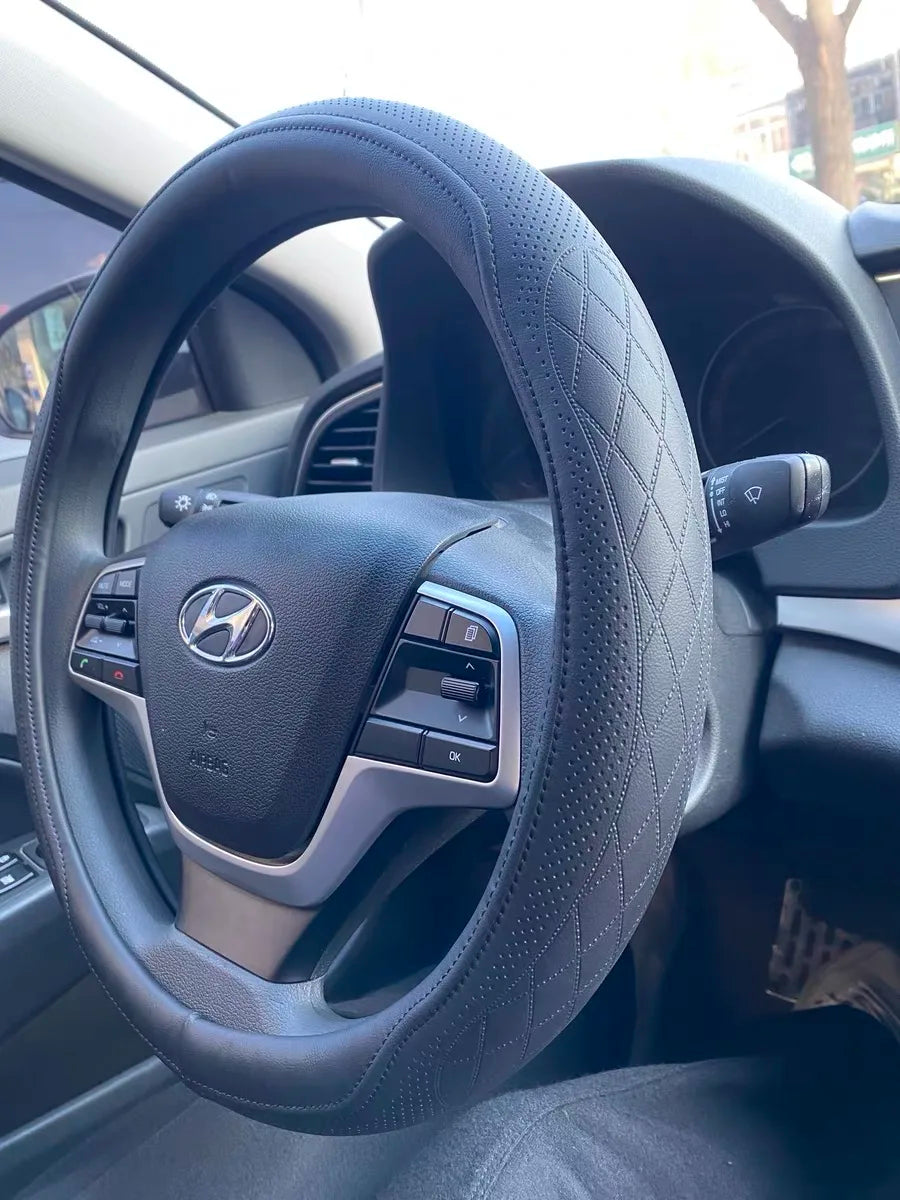 Premium Napa Leather Steering Wheel Cover - Universal 15 Inch Non-Slip