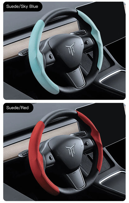 Tesla Model 3/Y Highland Juniper Carbon Fiber Steering Wheel Cover - Premium Leather