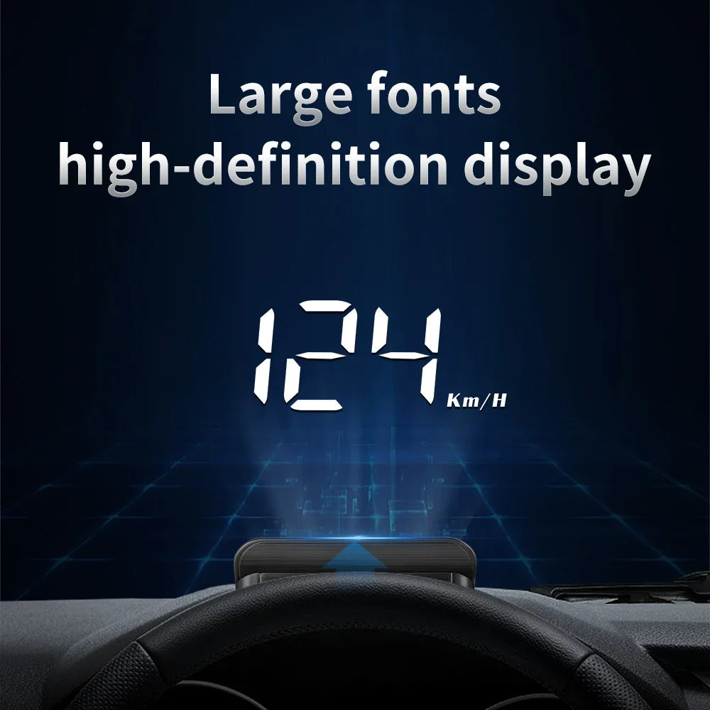 Car headlight display showing speed with large fonts and high-definition display on a dark background.