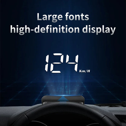 Car headlight display showing speed with large fonts and high-definition display on a dark background.