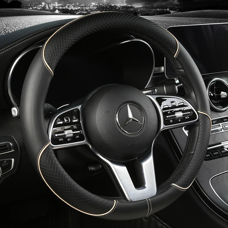 Premium Leather Steering Wheel Cover - Universal 14.5-15 Inch Diamond Pattern