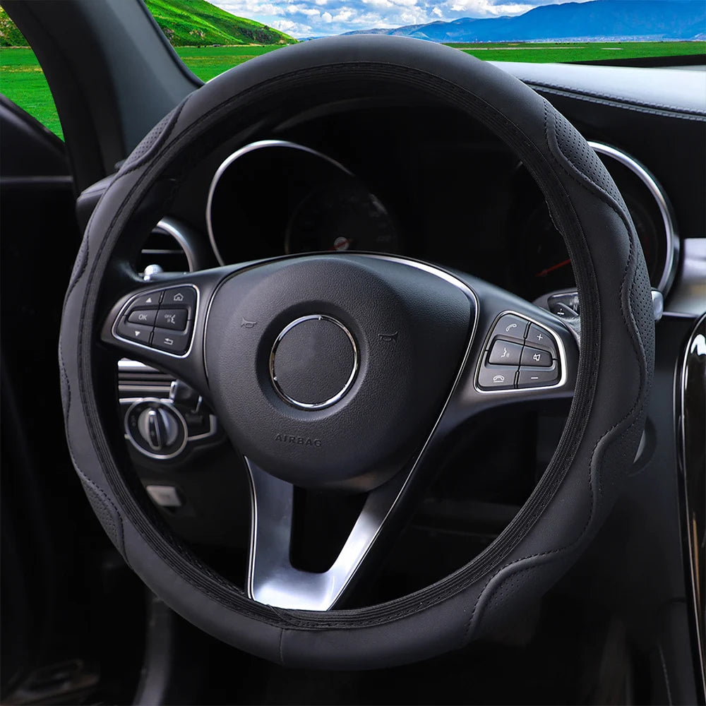 Leather Steering Wheel Cover - Embossed Massage Grip 14.5-15 Inches