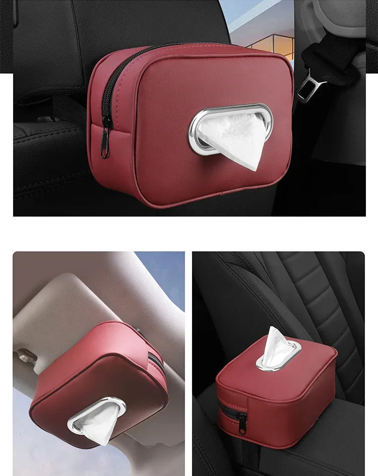 Car Tissue Box Holder - Leather Sun Visor & Console Mount Black