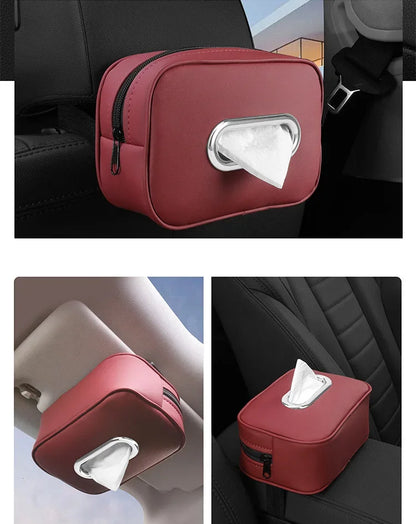 Car Tissue Box Holder - Leather Sun Visor & Console Mount Black