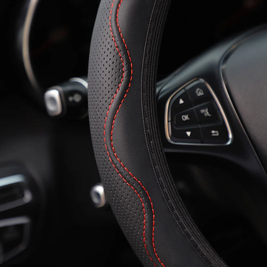 Leather Steering Wheel Cover - Embossed Massage Grip 14.5-15 Inches