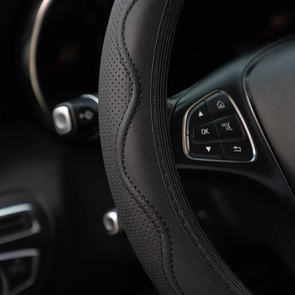Leather Steering Wheel Cover - Embossed Massage Grip 14.5-15 Inches