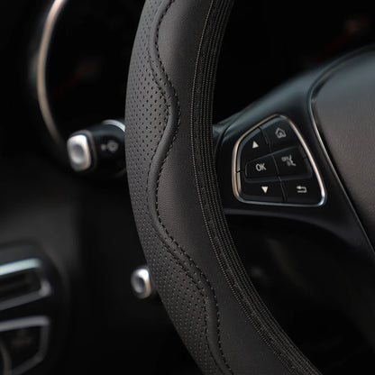 Leather Steering Wheel Cover - Embossed Massage Grip 14.5-15 Inches