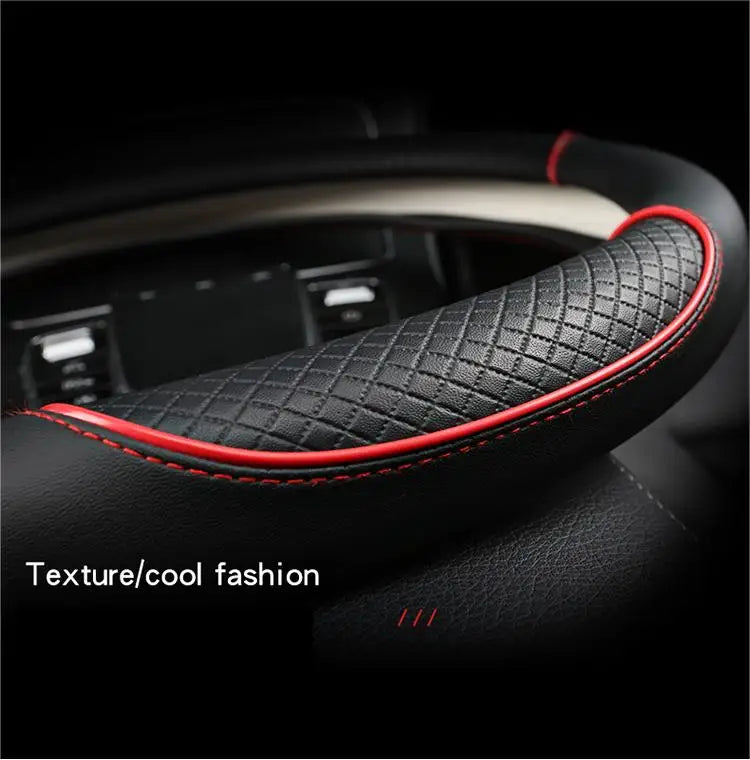 Premium Leather Steering Wheel Cover - Universal 14.5-15 Inch Diamond Pattern
