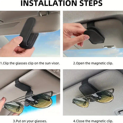 Premium Car Sunglasses Holder - Magnetic Sun Visor Clip with Leather Case for Eyeglasses & Cards