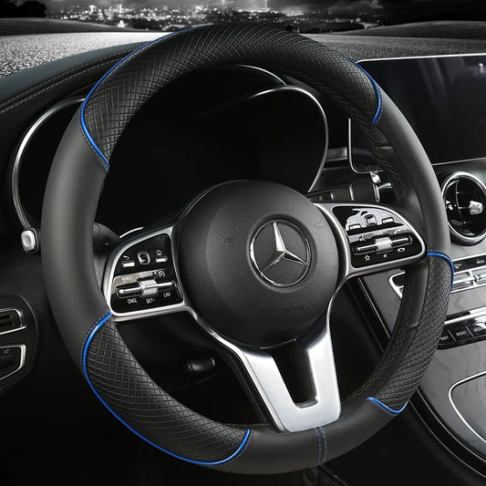 Premium Leather Steering Wheel Cover - Universal 14.5-15 Inch Diamond Pattern
