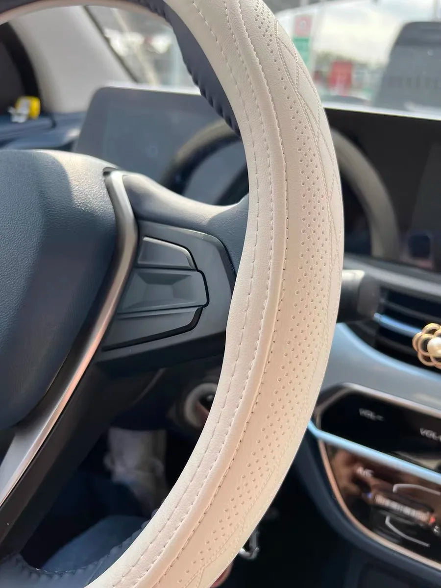 Premium Napa Leather Steering Wheel Cover - Universal 15 Inch Non-Slip