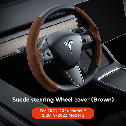 Tesla Model 3/Y Highland Juniper Carbon Fiber Steering Wheel Cover - Premium Leather