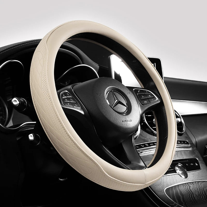 Premium Napa Leather Steering Wheel Cover - Universal 15 Inch Non-Slip