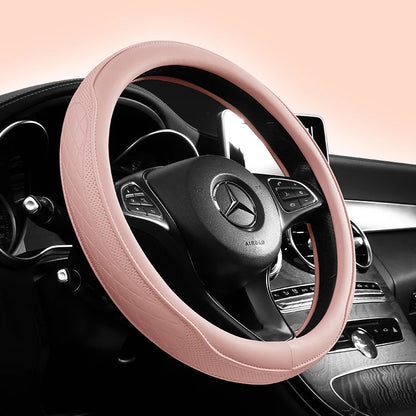Premium Napa Leather Steering Wheel Cover - Universal 15 Inch Non-Slip