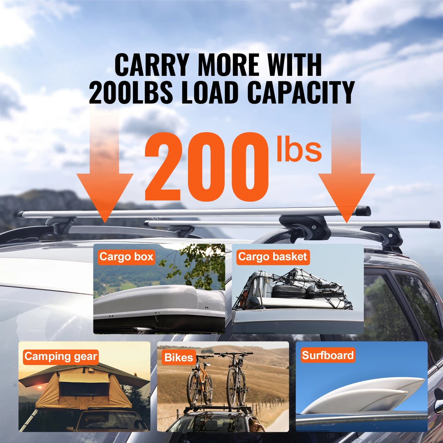 Car with roof rack and load capacity display, showing cargo box, basket, camping gear, bikes, and surfboard.