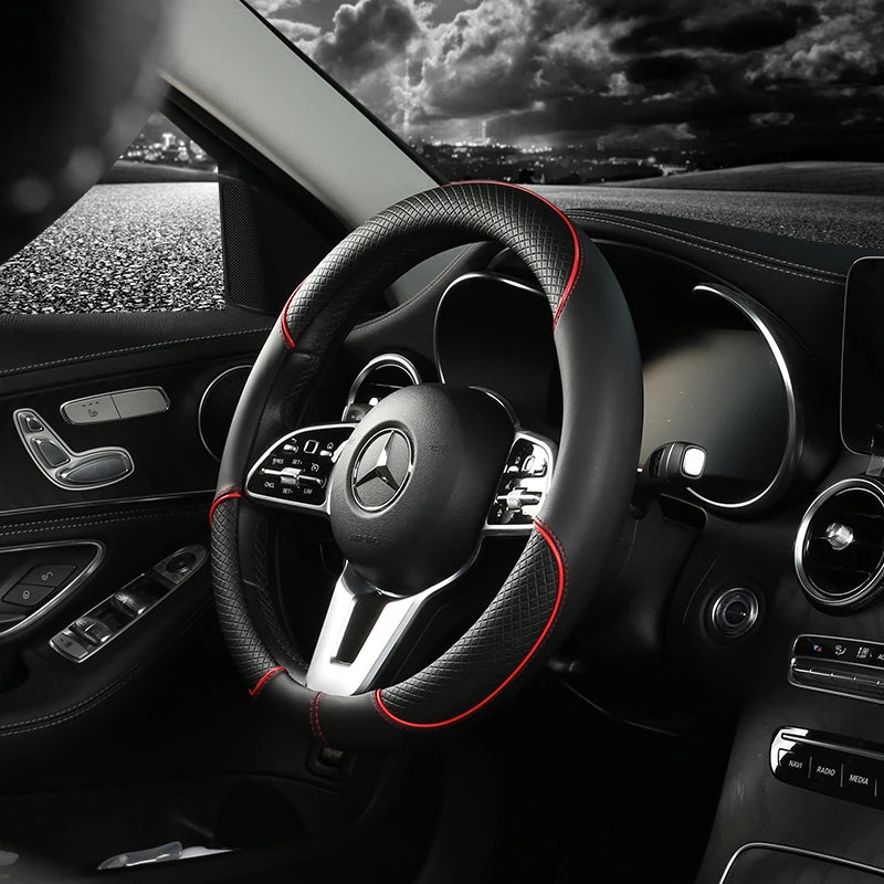 Premium Leather Steering Wheel Cover - Universal 14.5-15 Inch Diamond Pattern