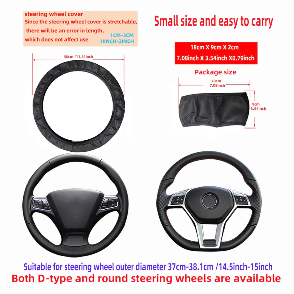 Leather Steering Wheel Cover - Embossed Massage Grip 14.5-15 Inches