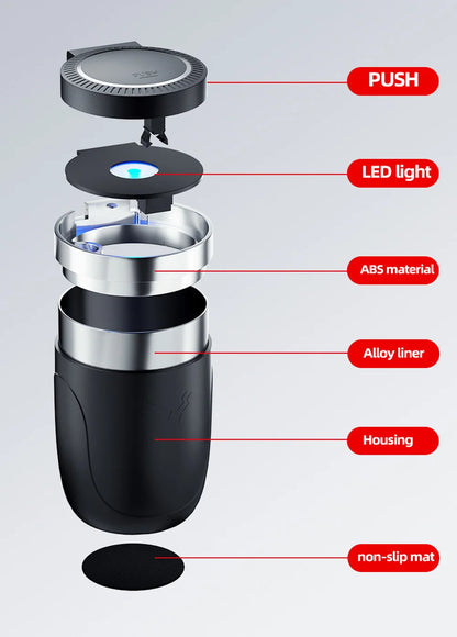 Car Cigarette Ashtray Cup with LED Light & Lid - Black Portable