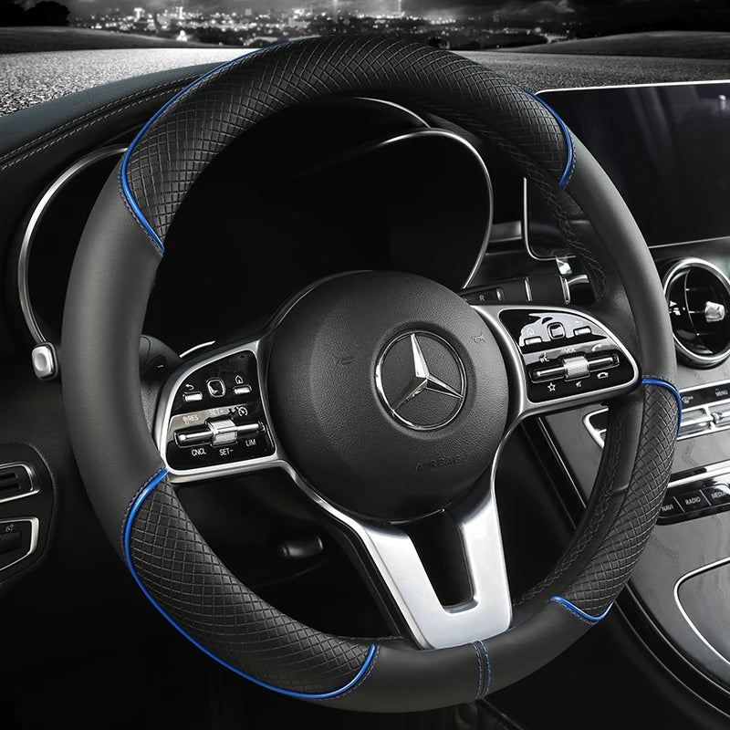 Premium Leather Steering Wheel Cover - Universal 14.5-15 Inch Diamond Pattern