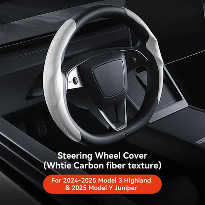 Tesla Model 3/Y Highland Juniper Carbon Fiber Steering Wheel Cover - Premium Leather