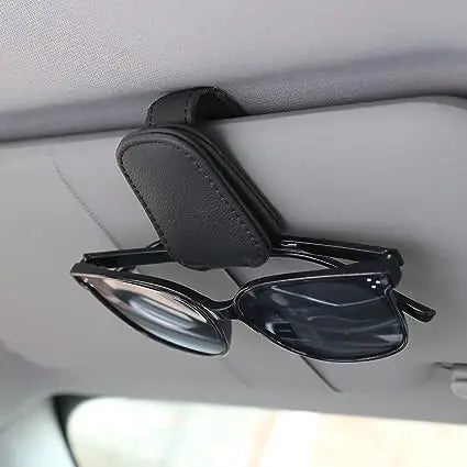 Premium Car Sunglasses Holder - Magnetic Sun Visor Clip with Leather Case for Eyeglasses & Cards