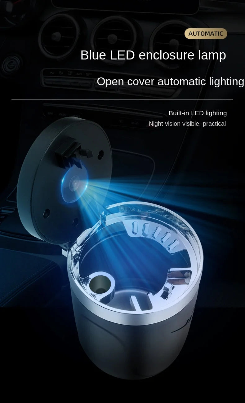 One-Click Car Ashtray with LED Light - Metal Lining & Splash Proof