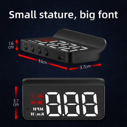 Small electronic device with digital display and measurement details on a dark background