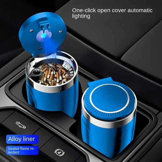 One-Click Car Ashtray with LED Light - Metal Lining & Splash Proof