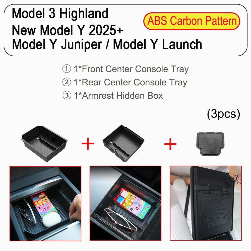 Tesla Model Y Juniper Model 3 Console Organizer - Storage Tray 3pcs ABS Carbon