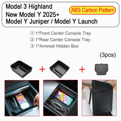 Tesla Model Y Juniper Model 3 Console Organizer - Storage Tray 3pcs ABS Carbon