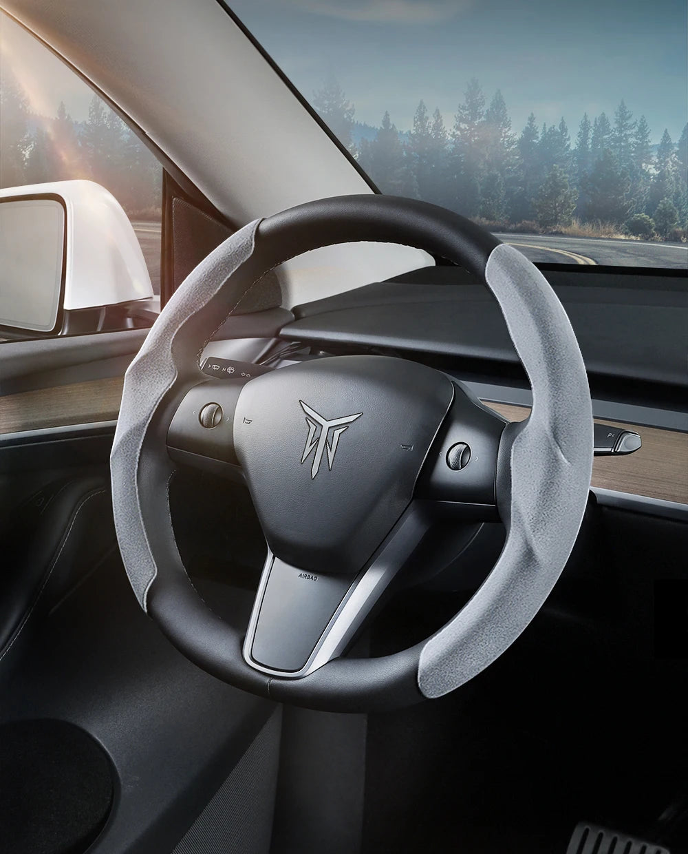Tesla Model 3/Y Highland Juniper Carbon Fiber Steering Wheel Cover - Premium Leather