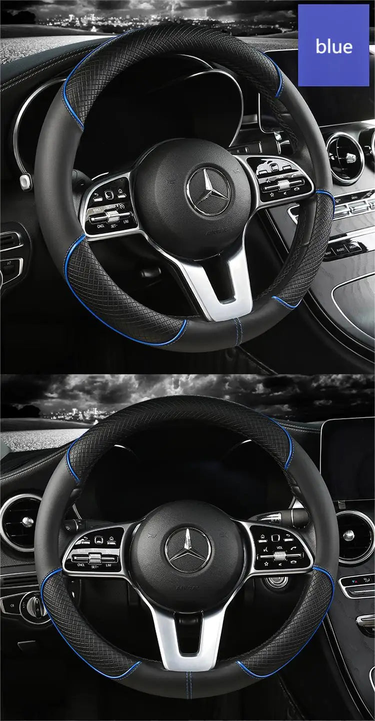 Premium Leather Steering Wheel Cover - Universal 14.5-15 Inch Diamond Pattern