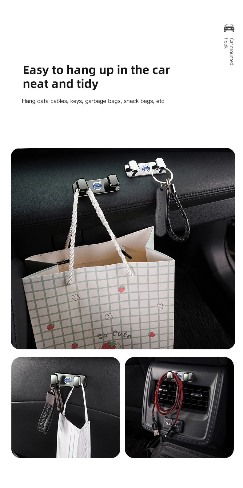 Volvo Car Interior Storage Hooks - Zinc Alloy Accessories for XC90 V90 V60