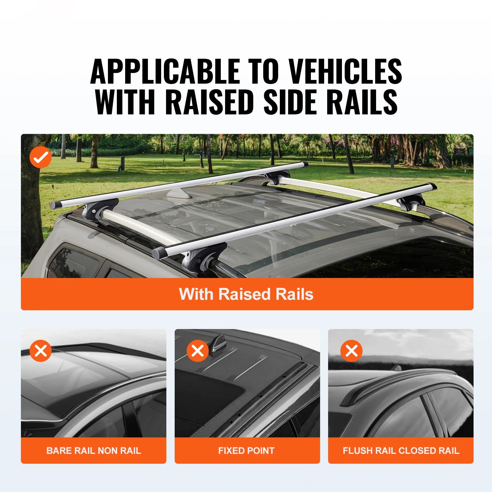 Car roof rack system with instructions on compatibility for vehicles with raised side rails.