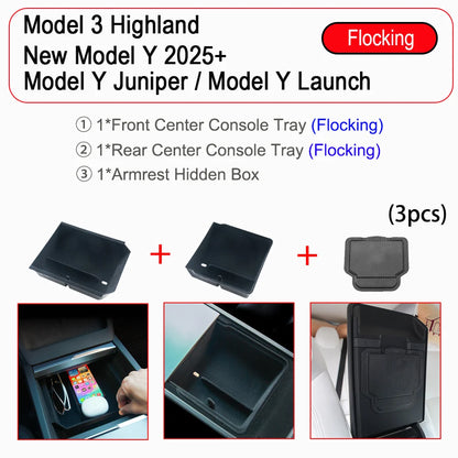 Tesla Model Y Juniper Model 3 Console Organizer - Storage Tray 3pcs Flocking