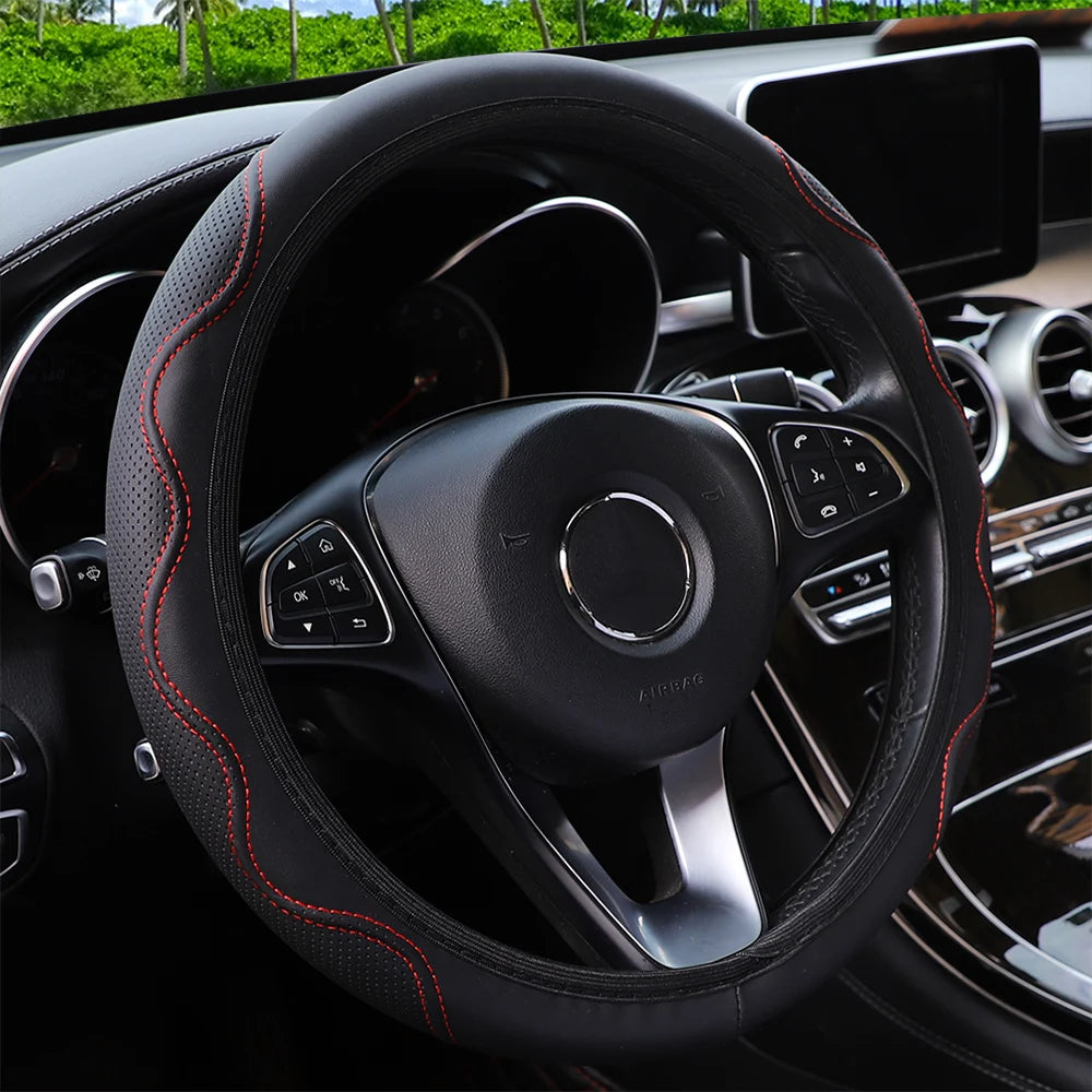 Leather Steering Wheel Cover - Embossed Massage Grip 14.5-15 Inches