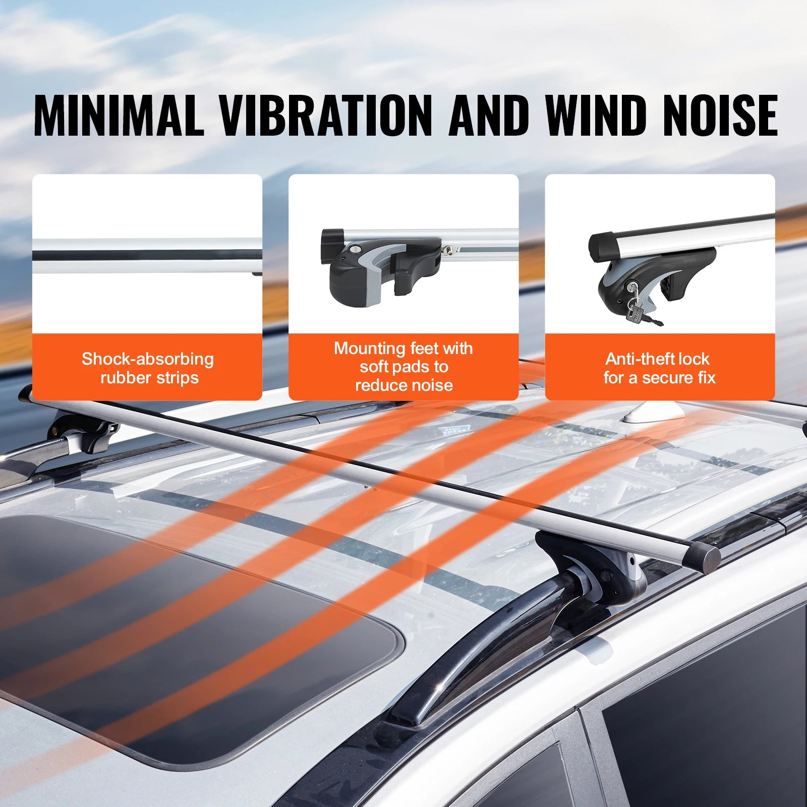 Car roof rack system with features highlighted for minimal vibration and wind noise.