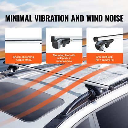 Car roof rack system with features highlighted for minimal vibration and wind noise.