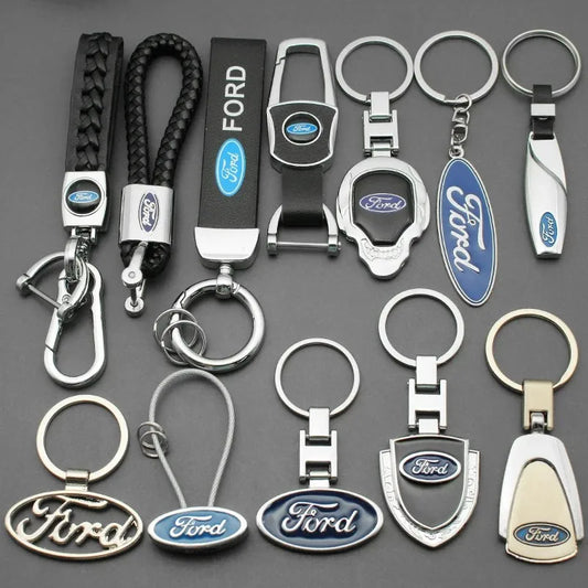 Ford 3D Metal Leather Keychain Badge - Car Emblem Key Chain Ring