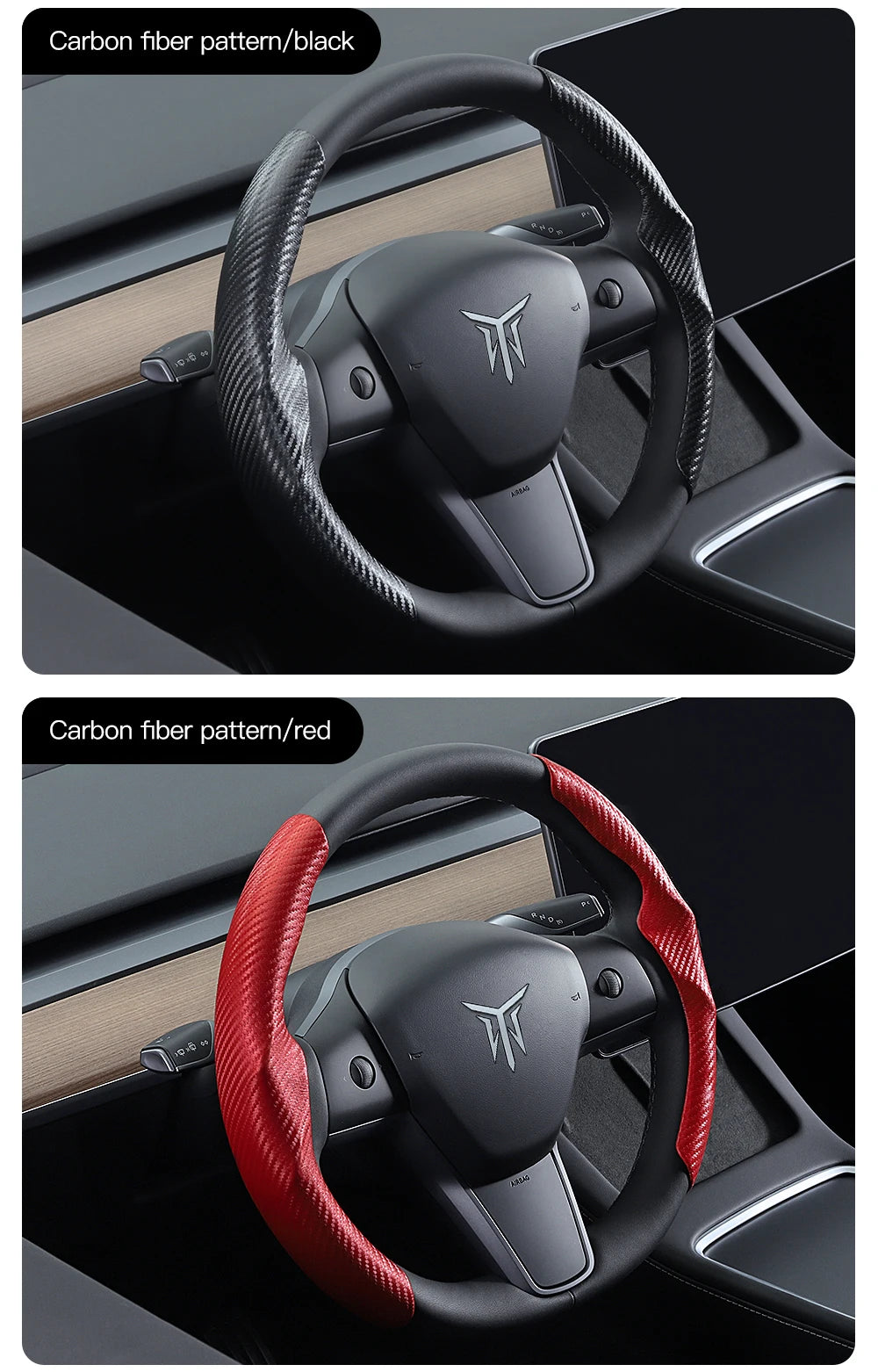 Tesla Model 3/Y Highland Juniper Carbon Fiber Steering Wheel Cover - Premium Leather