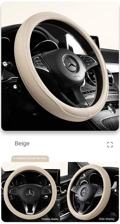 Premium Napa Leather Steering Wheel Cover - Universal 15 Inch Non-Slip