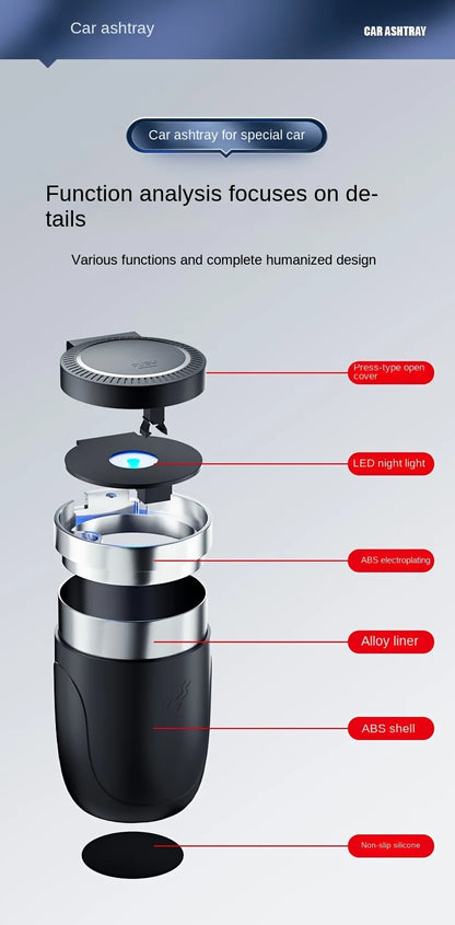 One-Click Car Ashtray with LED Light - Metal Lining & Splash Proof