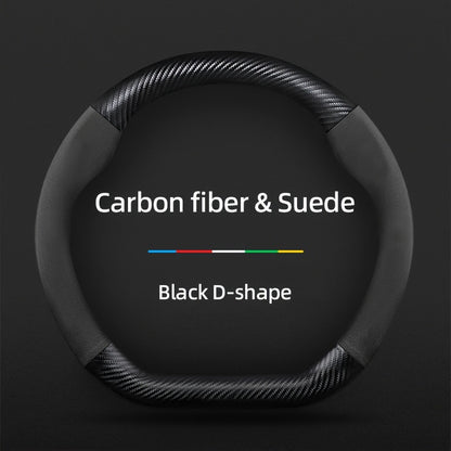 Carbon Fiber Faux Leather Steering Wheel Cover - 15 Inch Sports Style Black D-Shaped Carbon fiber & Suede