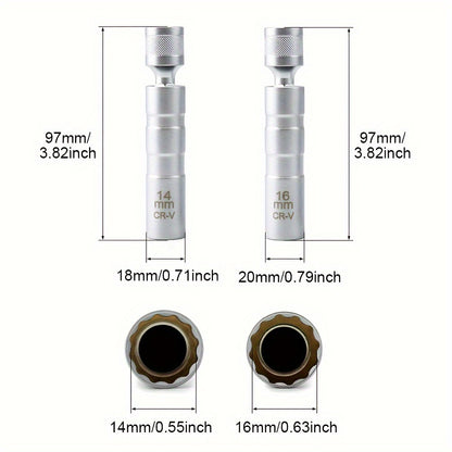 2-Piece Magnetic Spark Plug Socket Set - 14mm & 16mm Swivel Socket Kit