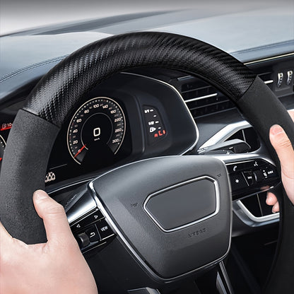 Carbon Fiber Faux Leather Steering Wheel Cover - 15 Inch Sports Style