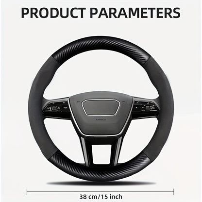 Carbon Fiber Faux Leather Steering Wheel Cover - 15 Inch Sports Style
