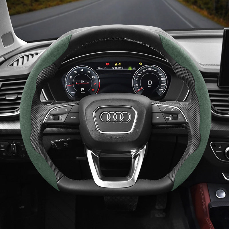 Audi Ultra-Thin Steering Wheel Cover - Non-Slip Snap-On Installation Green For AUDI D-shaped Steering Wheel 2-piece Set
