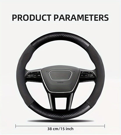 Carbon Fiber Faux Leather Steering Wheel Cover - 15 Inch Sports Style