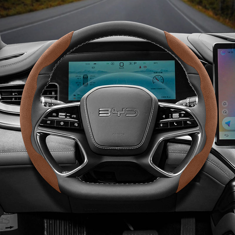 BYD Winter Anti-Slip Steering Wheel Covers - Ultra-Thin Segmented Design Brown Suitable for BYD D-shaped steering wheel 2-piece set