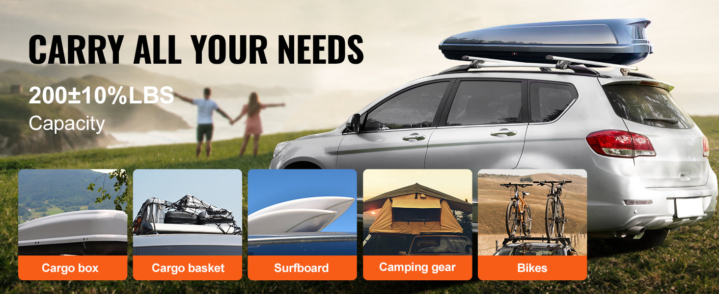 Car with roof rack and cargo management system on a scenic background